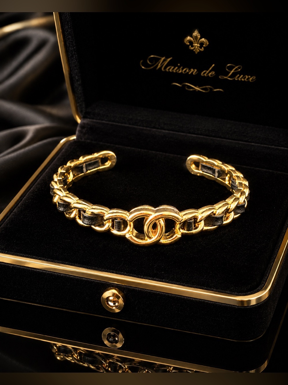 Gold & Black Leather CC Logo Chain Cuff Bracelet